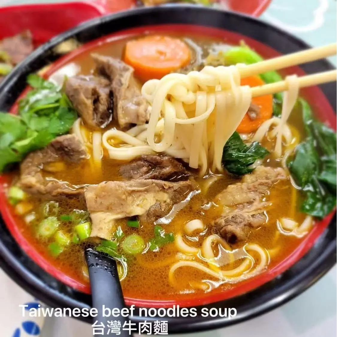 Taiwanese beef noodle soup with tender beef and veggies at Mango Island, a Chinese Taiwanese Restaurant in Orlando